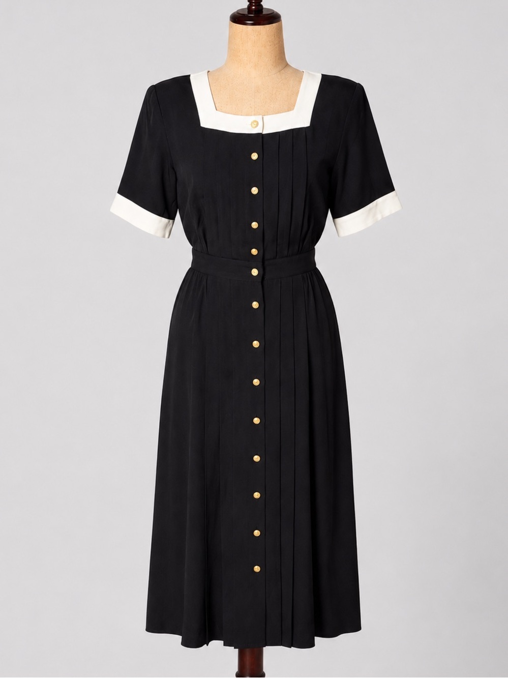Vintage 80s navy & White gold Button-Front Midi Dress- nautical sailor 27" waist